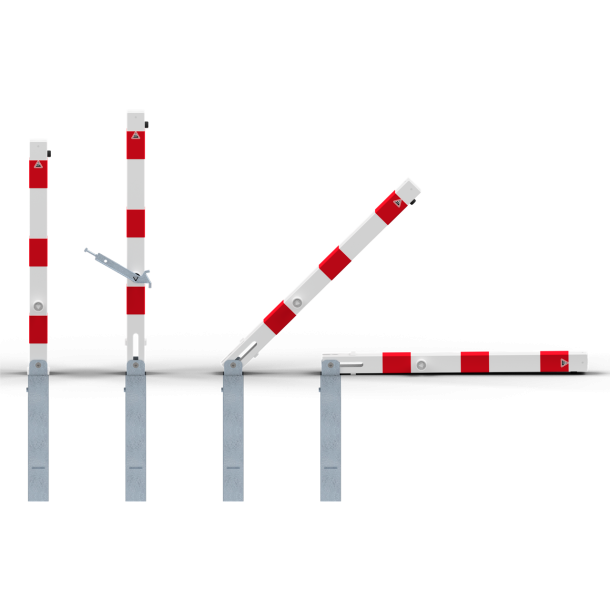 Barrier posts | Steel tube 70 x 70 mm | foldable, with triangular locking mechanism | with lifting and tilting mechanism | hot-dip galvanized and white coatedwith three red reflecting stripes | without eyelet